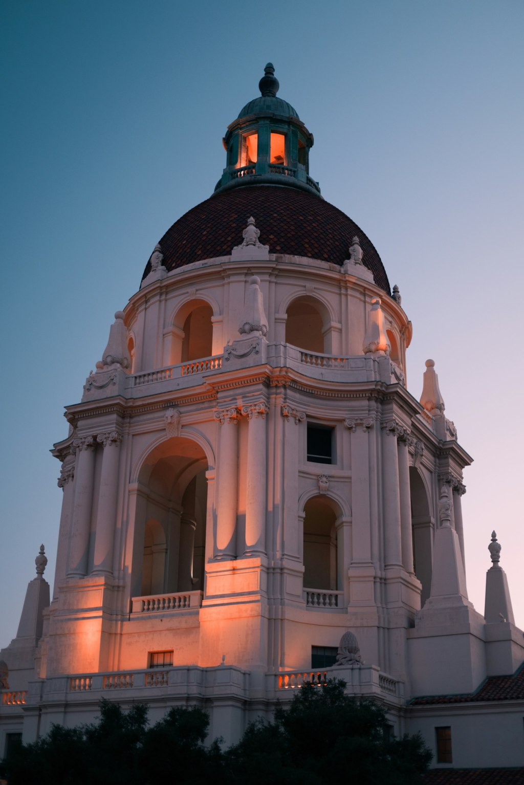 Pasadena City Hall's domed clock tower in Pasadena, California